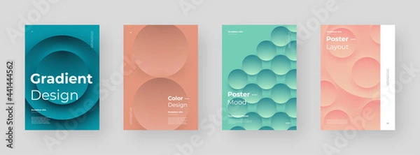 Obraz Abstract set Placards, Posters, Flyers, Banner Designs. Colorful illustration on vertical A4 format. 3d geometric shapes. Decorative neumorphism backdrop.