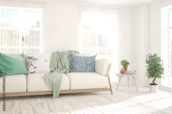 Fototapeta White living room with sofa. Scandinavian interior design. 3D illustration