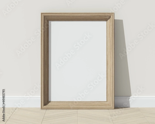 Fototapeta Wooden frame on wooden floor with white wall. 3D render vertical wooden frame mock up. Oak parquet. Empty interior. 3D illustrations. 3D design interior. Template for business.