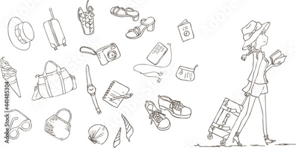 Obraz 旅する女性と旅の線画イラストセット