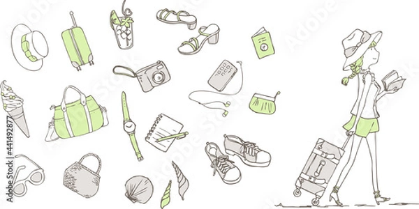 Obraz 旅する女性と旅のイラストセット