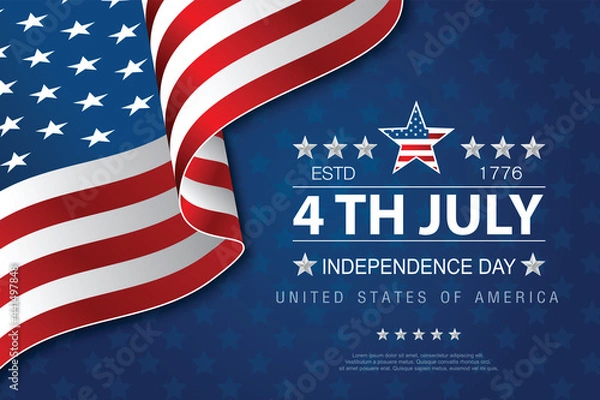 Obraz 4th of July banner Vector illustration. Independence Day, US flag with 4th of July on blue background.