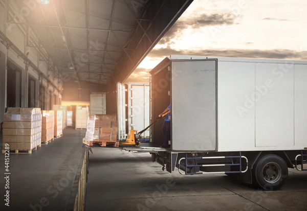 Fototapeta Worker Loading Package Boxes on Pallets into Cargo Container. Trucks Parked Loading at Dock Warehouse. Delivery Service. Shipping Warehouse Logistics. Road Freight Truck Transportation.	