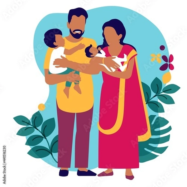 Fototapeta Vector illustration of an Indian family in national costumes with children in their arms. A couple of loving parents with kids. Mother in sari and father with beard. Fluid natural background  