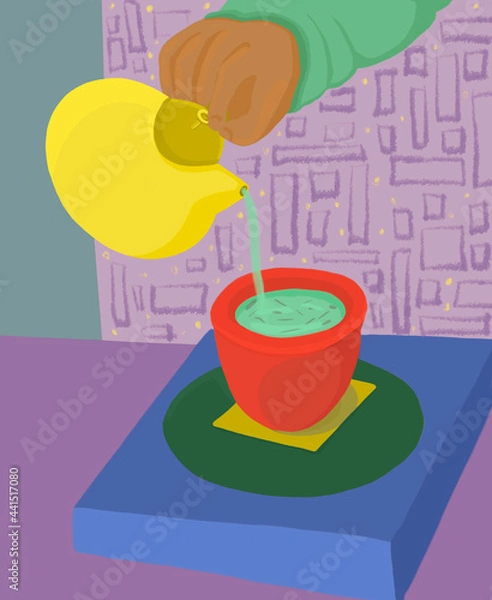 Obraz Illustration of a composition of green tea, which is poured from a yellow teapot into a red cup


