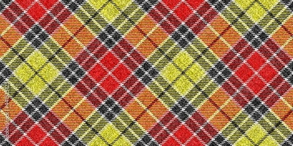 Obraz ragged grungy seamless diagonal checkered texture of classic coat red yellow tweed fabric with white, black stripes for gingham, plaid, tablecloths, shirts, tartan, clothes, dresses, bedding, blanket