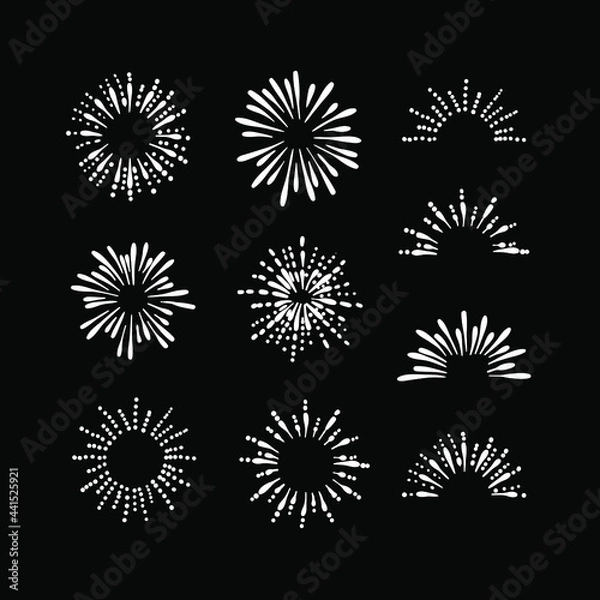 Obraz Vector Retro Bursts Set, Chalk Drawings Isolated on Black Background, Vintage Fireworks, Doodle Illustration, Rays.
