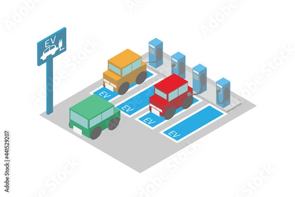 Fototapeta アイソメトリックな電気自動車の充電スポット