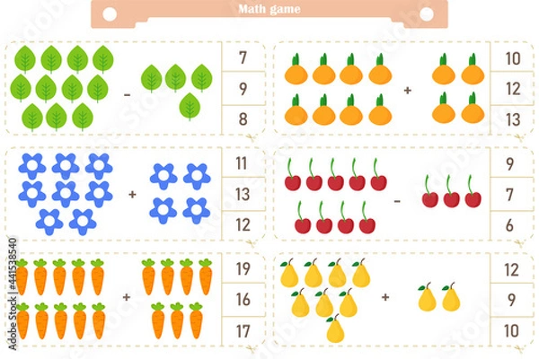 Fototapeta  Math game for children. Addition and subtraction. The score is 1-20. Find the correct answer