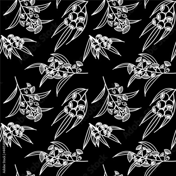 Obraz Gum nuts and flowers eucalyptus seamless pattern black