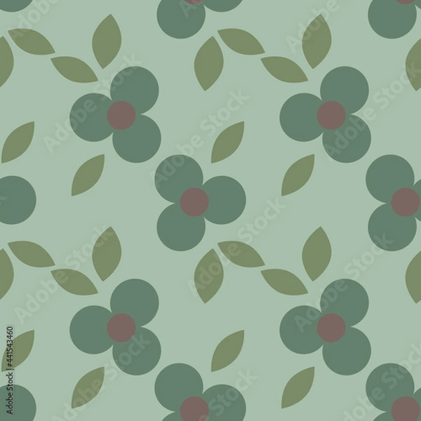 Fototapeta Retro green simpel flowers vector seamless repeat pattern print background