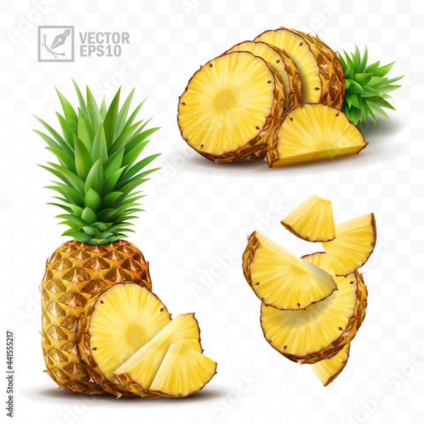 Fototapeta 3d realistic isolated vector pineapple set, whole pineapple with leaves, falling pineapple slices and pineapple slices and a half