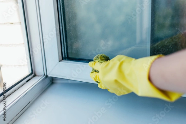 Fototapeta Cleaning service with gloves washes the window frame with a rag in the summer