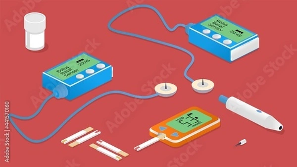 Obraz Isometric diabetes equipment set with insulin pump, glucometer, test strips, lancet.