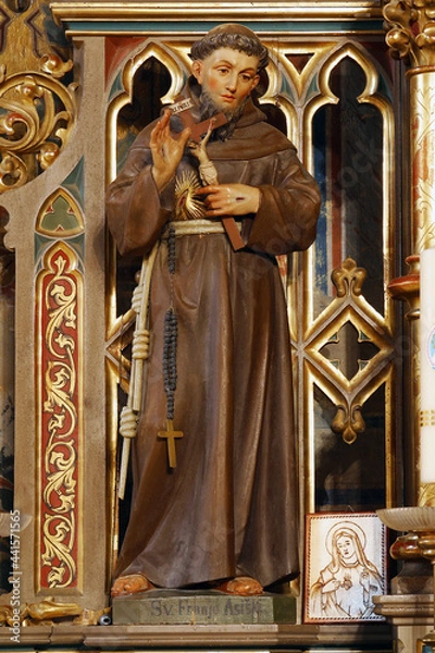 Fototapeta Saint Francis of Assisi, statue on the altar Immaculate Heart of Mary in the parish church of Saint Joseph in Grubisno Polje, Croatia