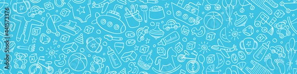 Obraz Baby boy seamless pattern. Horizontal border with toys and other kids things. Light blue background. Vector illustration.