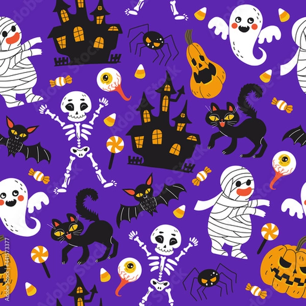Fototapeta Halloween purple festive seamless pattern. Endless background with pumpkins, skeletons, bats, spiders, ghosts, bones, candy, zombies, eyes, castles and cats.