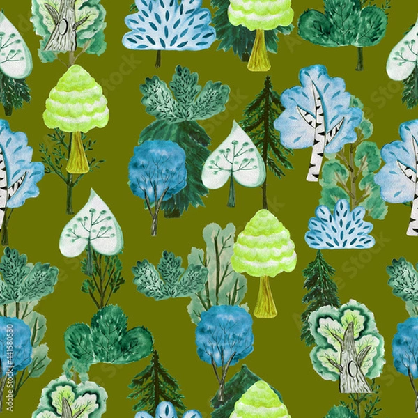 Fototapeta Watercolor pattern trees. Seamless forest. Design element for collection. Elements for the design.