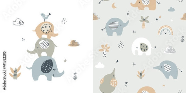 Fototapeta Urocza karta ze słoniem i jednolity wzór do dekoracji baby shower, nadruku dla dzieci, odzieży dziecięcej, papieru do pakowania, tkanin i tekstyliów. Ilustracja wektorowa.