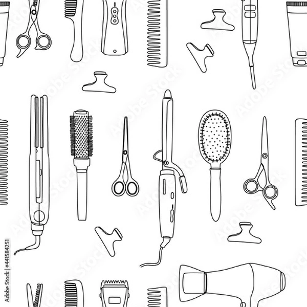 Fototapeta Barber tools on a white background in a seamless pattern. Line art of hair salon accessories for template, business cards, textiles or wrapping paper. Vector illustration, outline, shape, sketch.