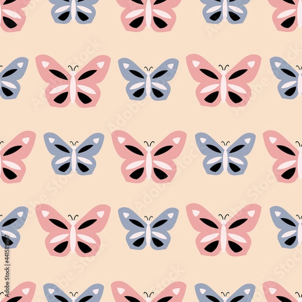 Obraz Pink and blue butterfly geometric striped pattern on tan background