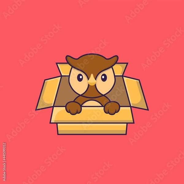 Obraz Cute owl Playing In Box. Animal cartoon concept isolated. Can used for t-shirt, greeting card, invitation card or mascot. Flat Cartoon Style