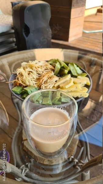 Obraz pasta with salmon, cheese,latte , coffee