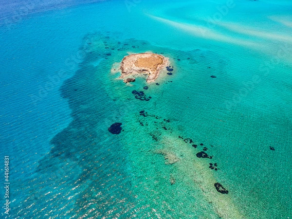 Fototapeta Iconic aerial view over the oldest submerged lost city of Pavlopetri in Laconia, Greece. About 5,000 years old Pavlipetri is the oldest city in the Mediterranean sea