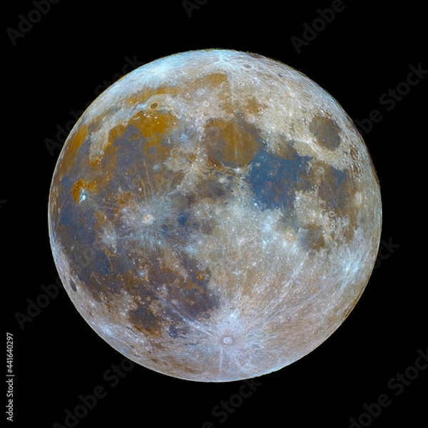 Obraz Full mineral Moon phase  with its natural colors, from red to blue, iron and titanium. Taken with my telescope.