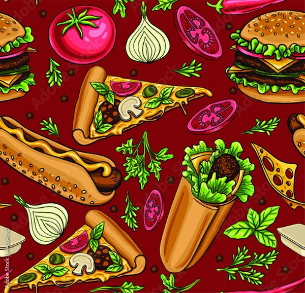 Fototapeta Delicious hand drawn vector hamburger, cheeseburger, hot dog, pizza, roll with salad, cheese and meat. Tomatoes, onions, and Provencal herbs. Stylish seamless pattern with fast food. 