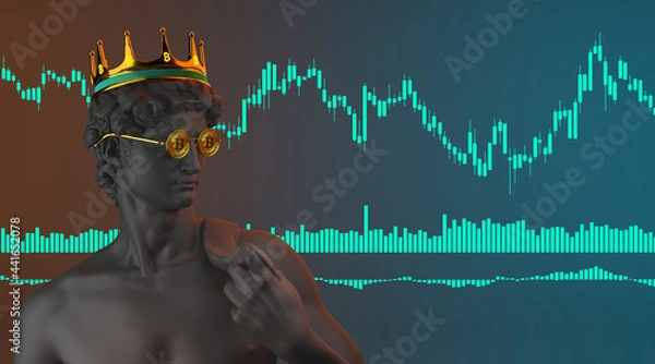 Fototapeta Creative. Plaster statue of David's head in bitcoinglasses. Minimal concept art. 3d render.