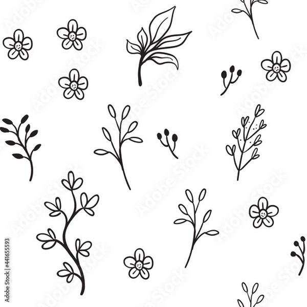Fototapeta Floral and herbal ornaments seamless pattern. Hand drawn leaves and branches texture background. Nature doodles decoration.