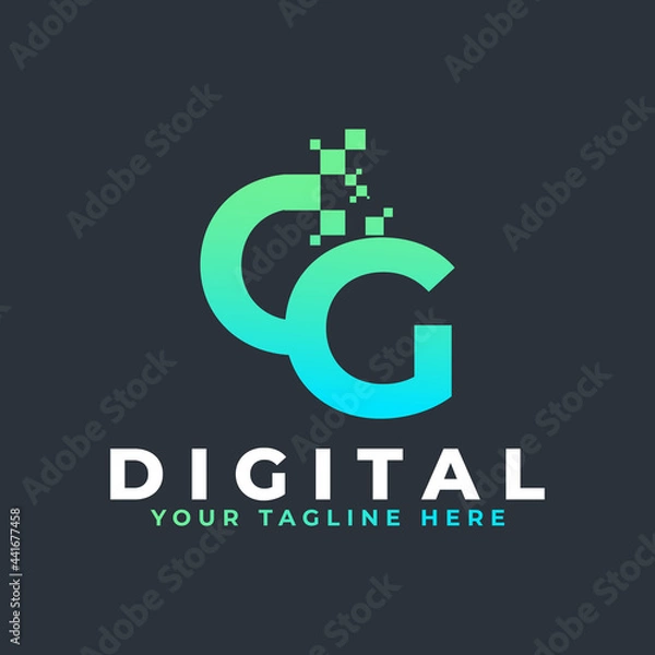 Fototapeta Tech Letter CG Logo. Blue and Green Geometric Shape with Square Pixel Dots. Usable for Business and Technology Logos. Design Ideas Template Element.
