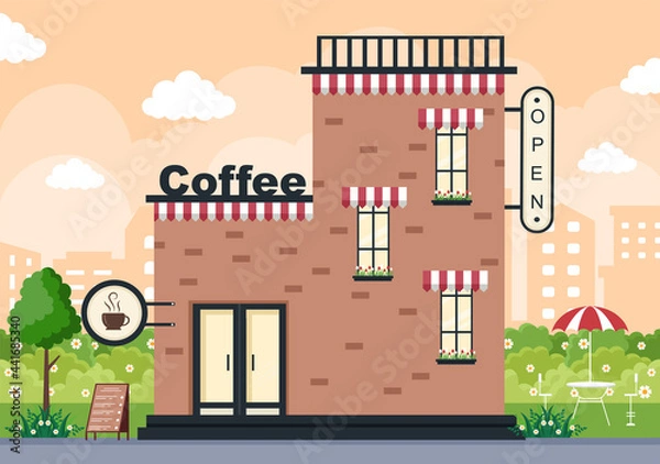 Fototapeta Coffee Shop Illustration With Open Board, Tree, And Building Store Exterior. Flat Design Concept