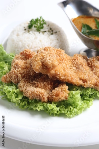 Fototapeta crispy deep fried chicken chop fish cutlet serve with nyonya spicy curry sauce and steam fragrant white jasmine rice and lettuce