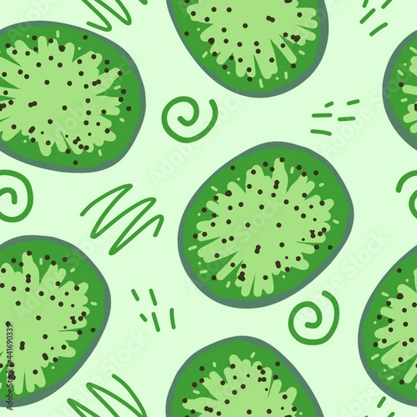 Fototapeta kiwi and doodles vector seamless pattern. hand drawn. illustration for wallpaper, wrapping paper, textile, background. green fresh juicy summer fruit.