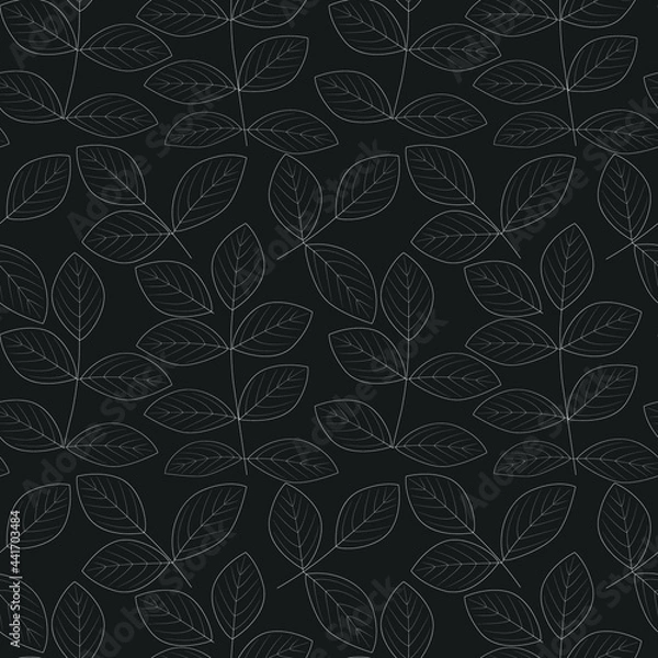 Fototapeta The contours of the leaves. Seamless vector black and white pattern. White outlines of leaves on a black background.