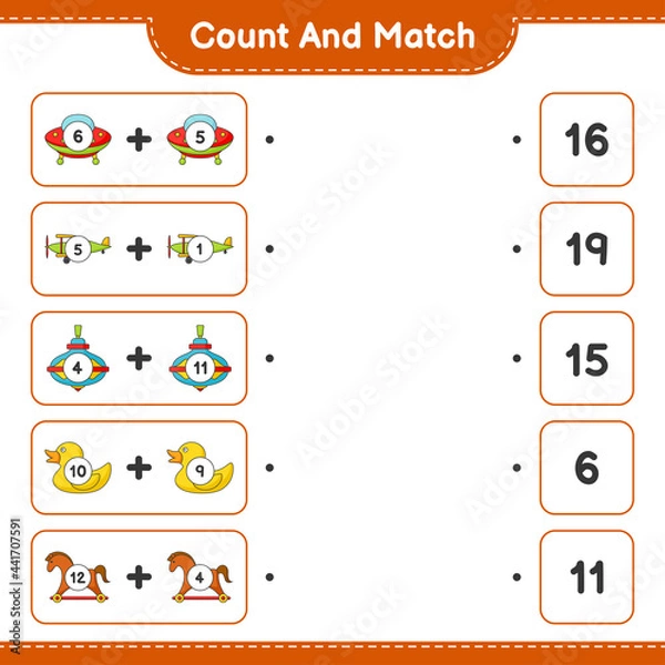 Fototapeta Count and match, count the number of Ufo, Plane, Whirligig Toy, Rubber Duck, Rocking Horse and match with the right numbers. Educational children game, printable worksheet, vector illustration