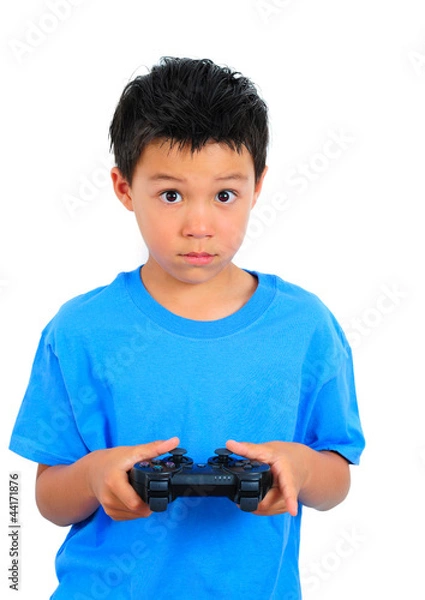 Fototapeta Boy in Blue T-Shirt Playing Game Holding a Controller