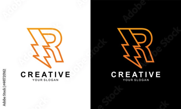 Fototapeta Ilustration vector graphic of abstract initial letter R Electric logo, letter R with thunder bolt lightning flash icon inside,