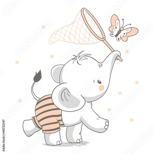 Fototapeta Cute baby elephant catching a butterfly with net, vector illustration.
