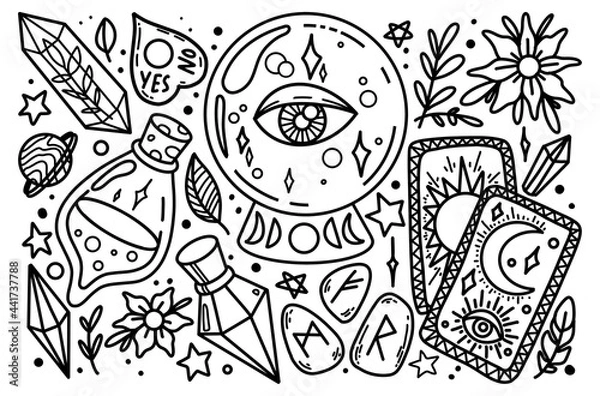 Fototapeta Hand drawing lineart doodle set of magical stuff. Use for card, invitation, design, pattern, postcard, poster, stickers, tattoo, print, coloring book