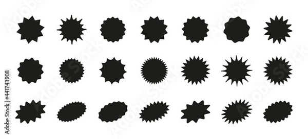 Fototapeta Callout star shapes. Starburst price sticker. Discount promo splash badge. Product tag labels. Set of star bursts. Black circle and oval boxes, stamps isolated on white background. Vector illustration
