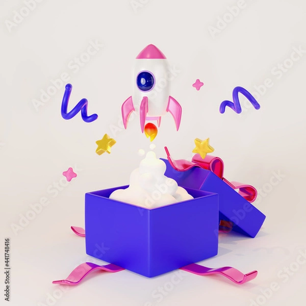 Obraz Space rocket launch. Opened gift box with confetti. 3d render