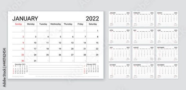 Fototapeta 2022 calendar. Planner template for year. Week starts Sunday. Vector. Monthly calender organizer. Table schedule grid with 12 month. Corporate yearly diary layout. Horizontal simple illustration.