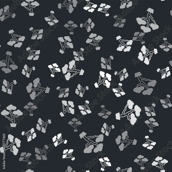 Fototapeta Grey Japanese bonsai tree icon isolated seamless pattern on black background. Japanese culture, horticulture, olericulture hobby concept. Vector
