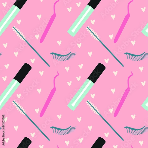 Obraz Tools for eyelash extensions, seamless pattern. Artificial eyelashes, brushes and tweezers in the doodle style. Background for the design.