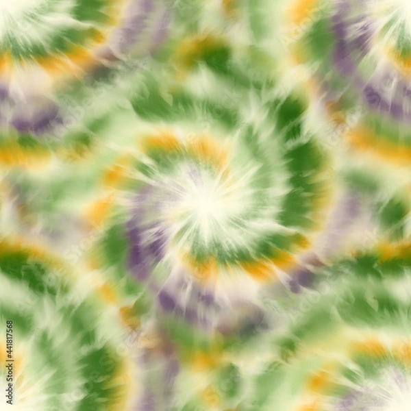 Fototapeta Seamless spiral tie dye pattern for surface design print. High quality illustration. Funky psychedelic pastel swirl. Artistic vibrant faded and creased ink or dye in fabric. Faux digitally designed.