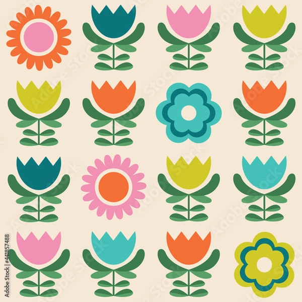 Fototapeta Colourful Swedish folk floral seamless vector pattern. Geometric Nordic, Scandinavian, Scandi, flat graphic style vibrant flowers on neutral beige background. Bold abstract minimalist repeat design.