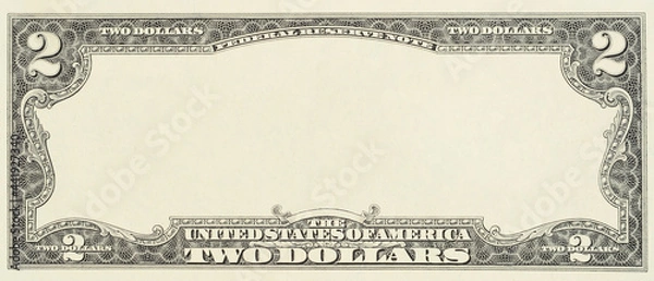 Fototapeta Blank front sample of US two dollar banknote with full empty middle area. Blank obverse side two dollar bill for design purposes. Mock-up for your picture and text.